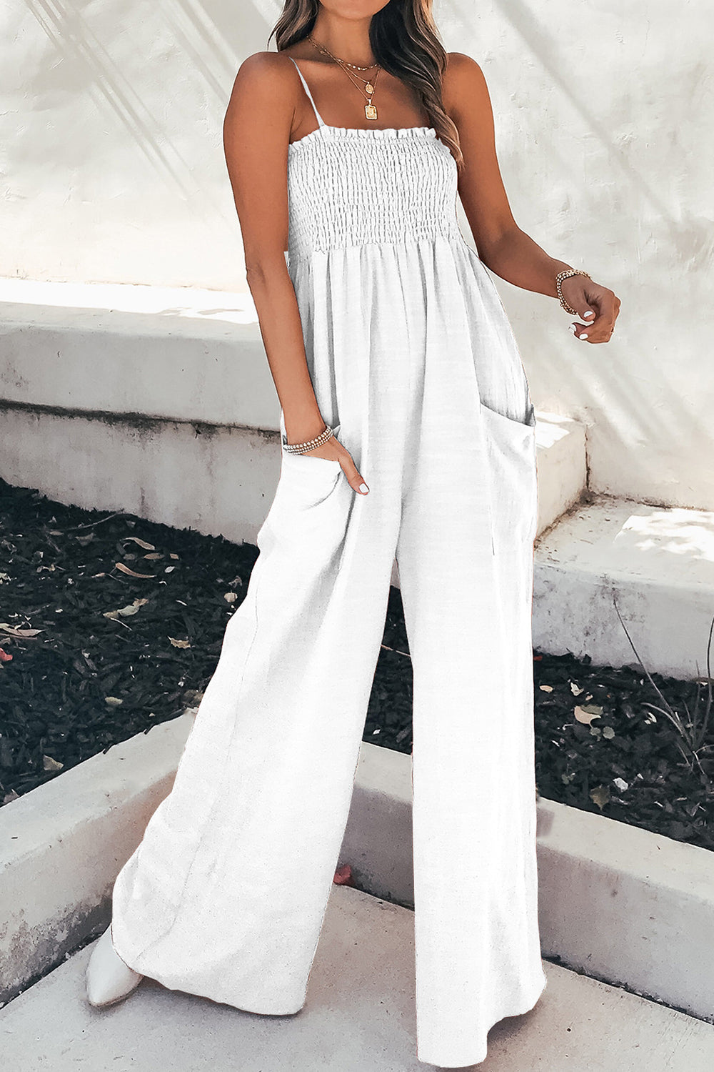 Smocked Spaghetti Strap Wide Leg Jumpsuit - bllue yonders