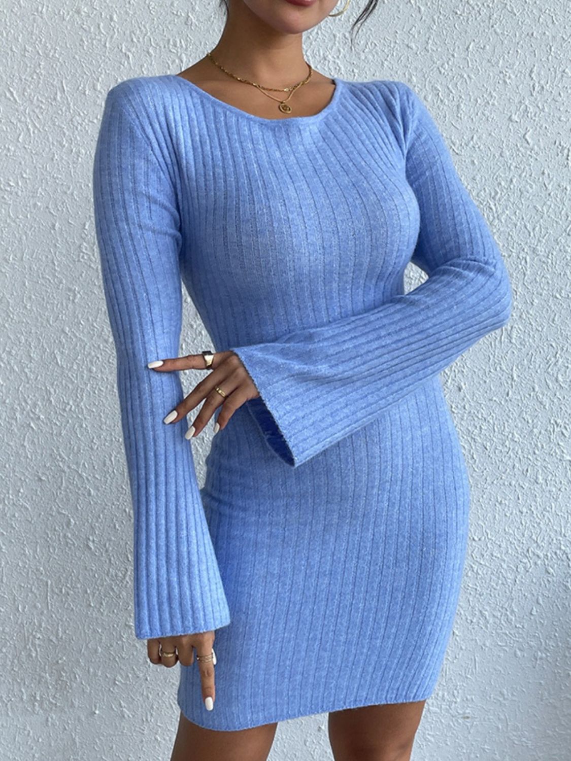 Backless Round Neck Long Sleeve Sweater Dress - bllue yonders