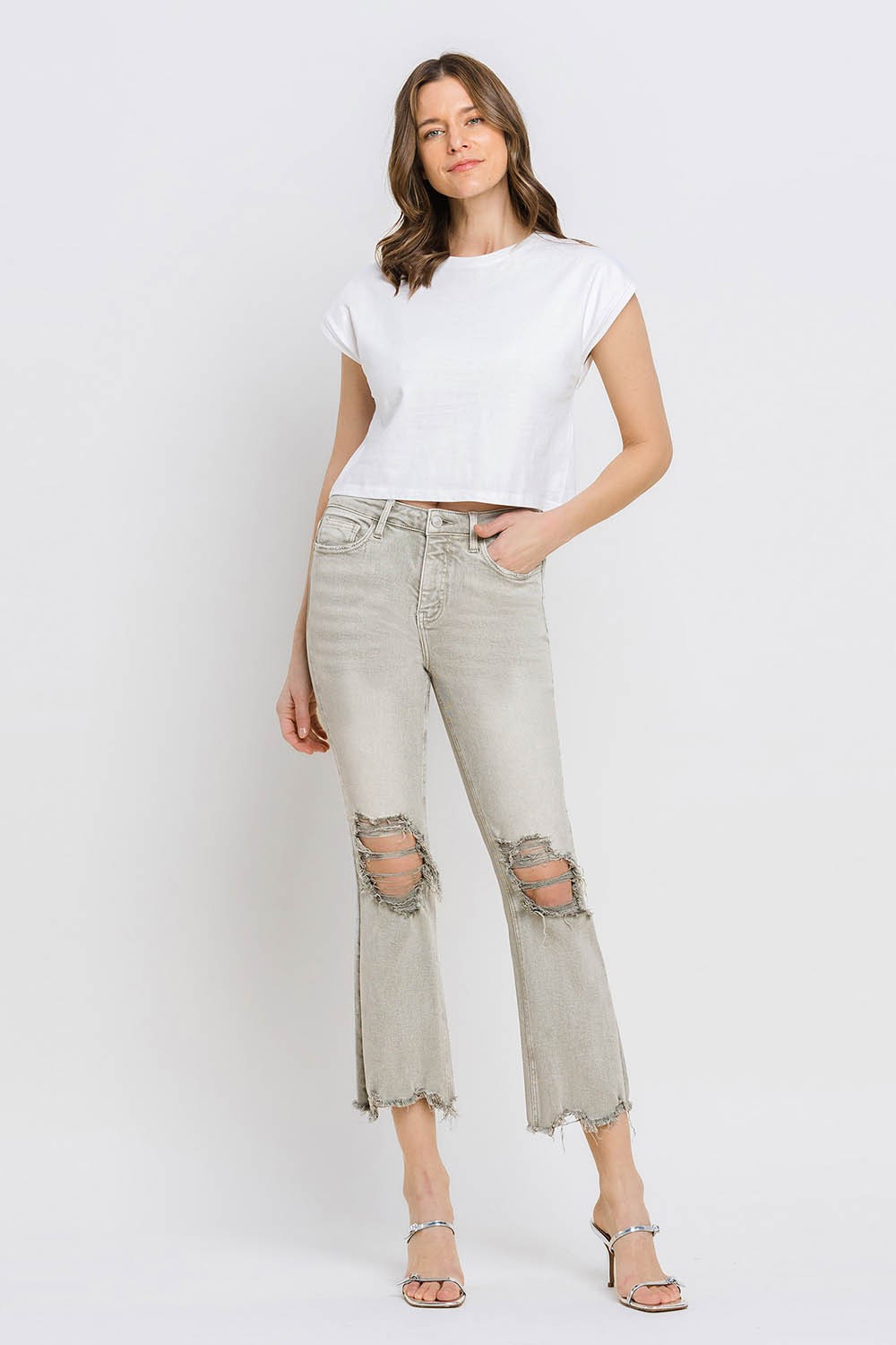 Lovervet Distressed Raw Hem Cropped Flare Jeans - blue yonderz