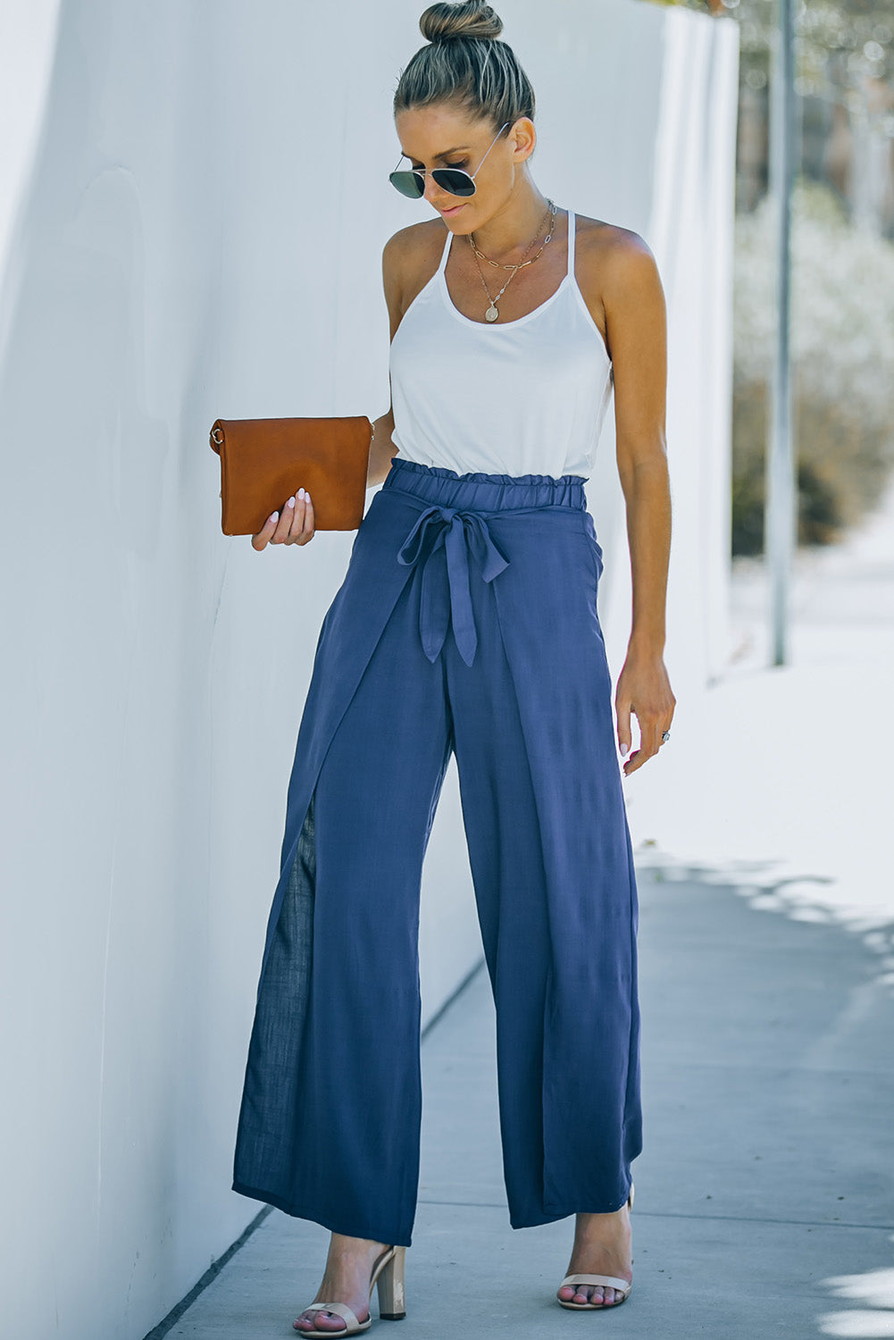 Paperbag Waist Tie Front Wide Leg Pants - blue yonderz