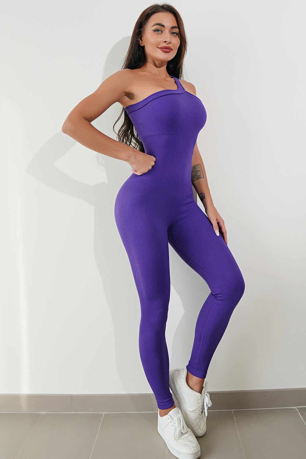 Asymmetrical Neck Wide Strap Active Jumpsuit – Sleek, Stretchy, and Stylish for Yoga, Workout, or Casual Wear