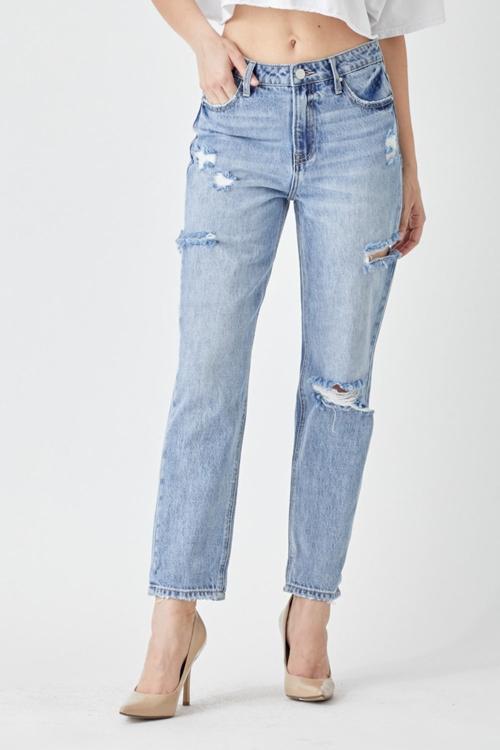 RISEN Distressed Slim Cropped Jeans - blue yonderz