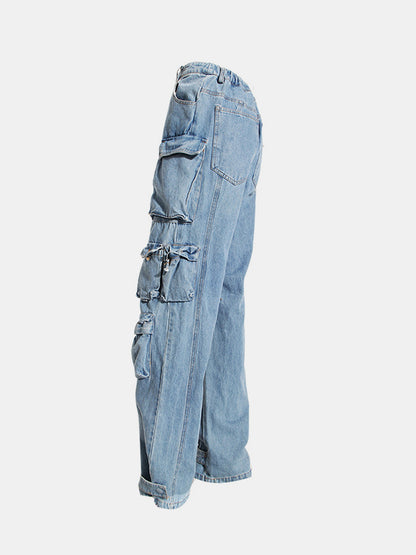 Washed Wide Leg Cargo Jeans - blue yonderz