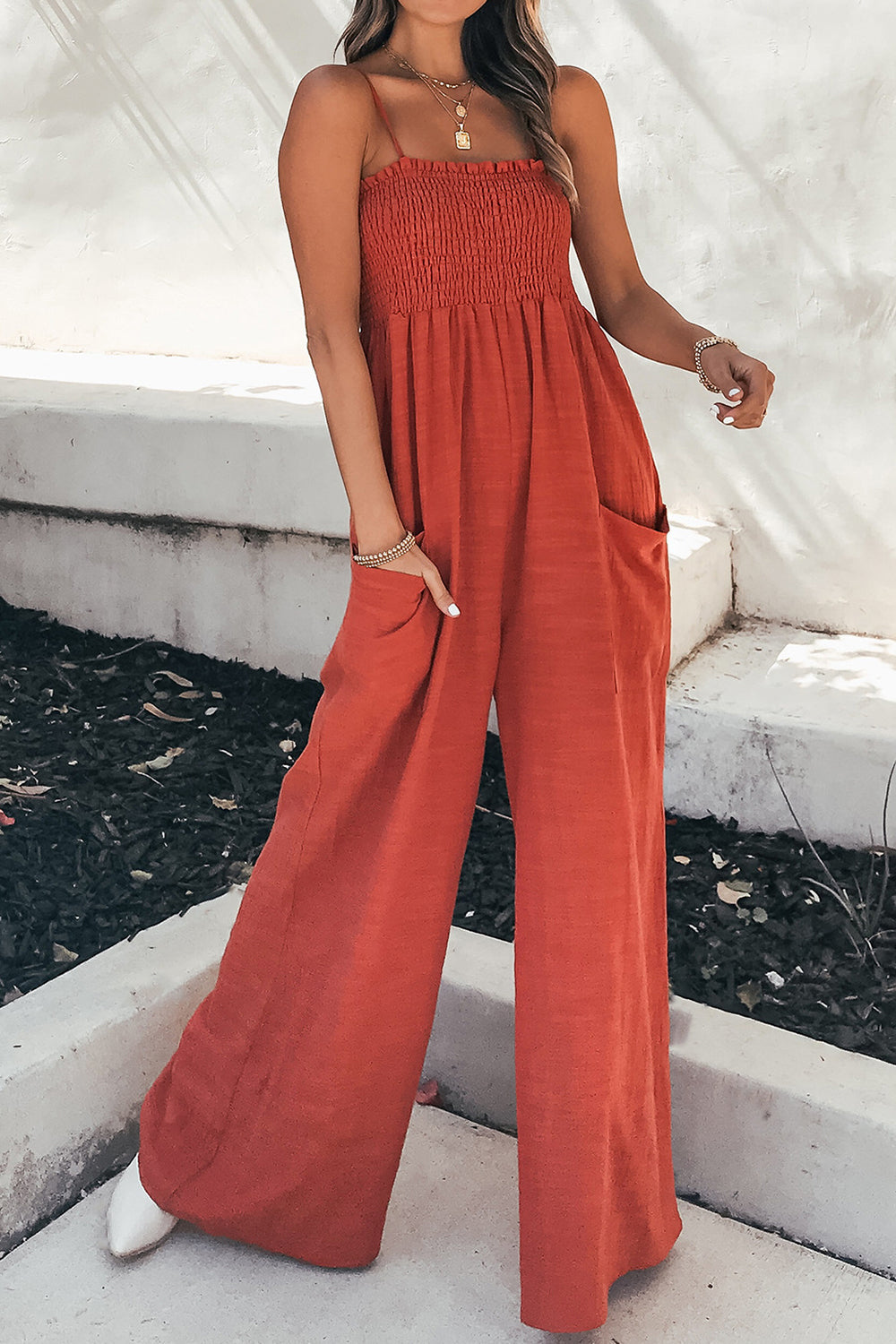 Smocked Spaghetti Strap Wide Leg Jumpsuit - bllue yonders