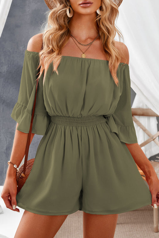 Off-Shoulder Smocked Waist Flounce Sleeve Romper - blue yonderz