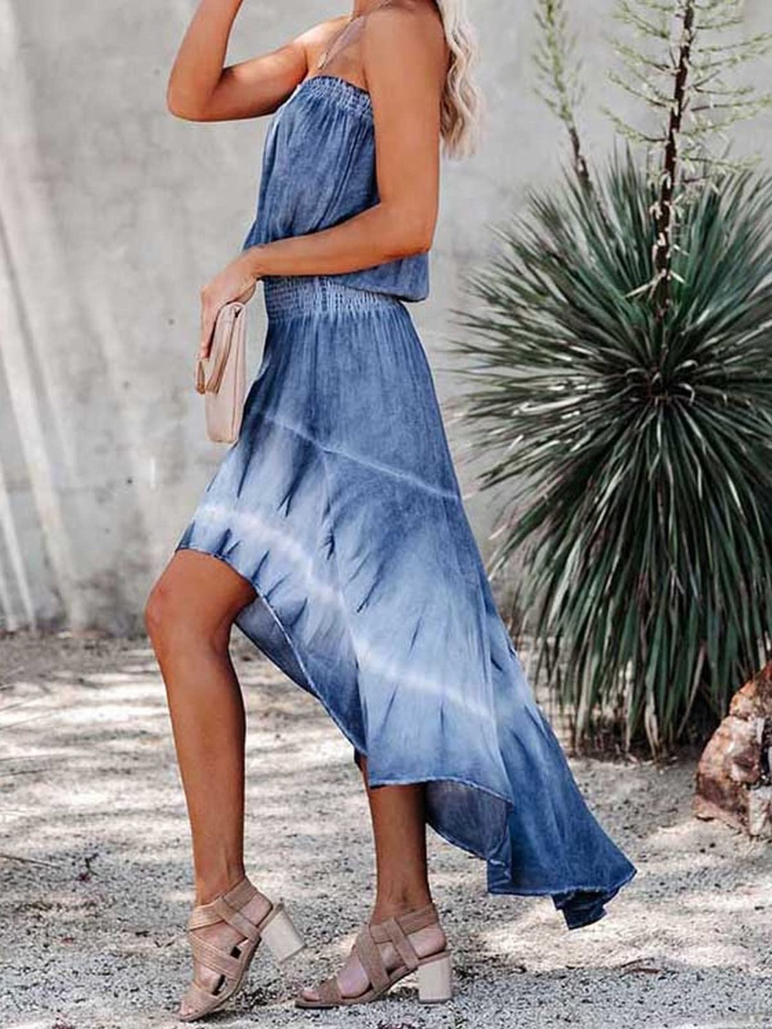 Smocked High-Low Tube Denim Dress - blue yonderz