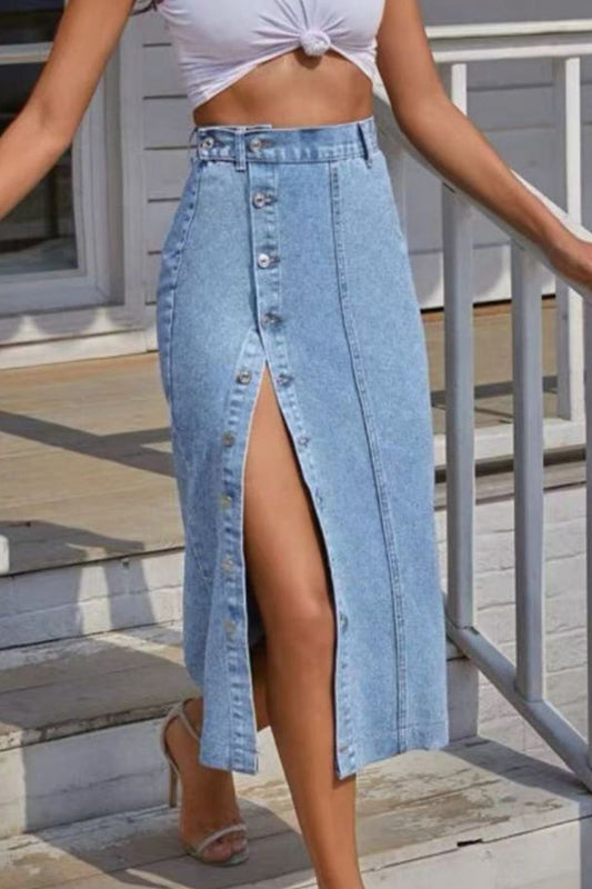 Buttoned Split Denim Skirt - blue yonderz