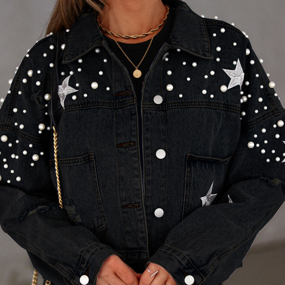 Bead Detail Denim Jacket - blue yonderz