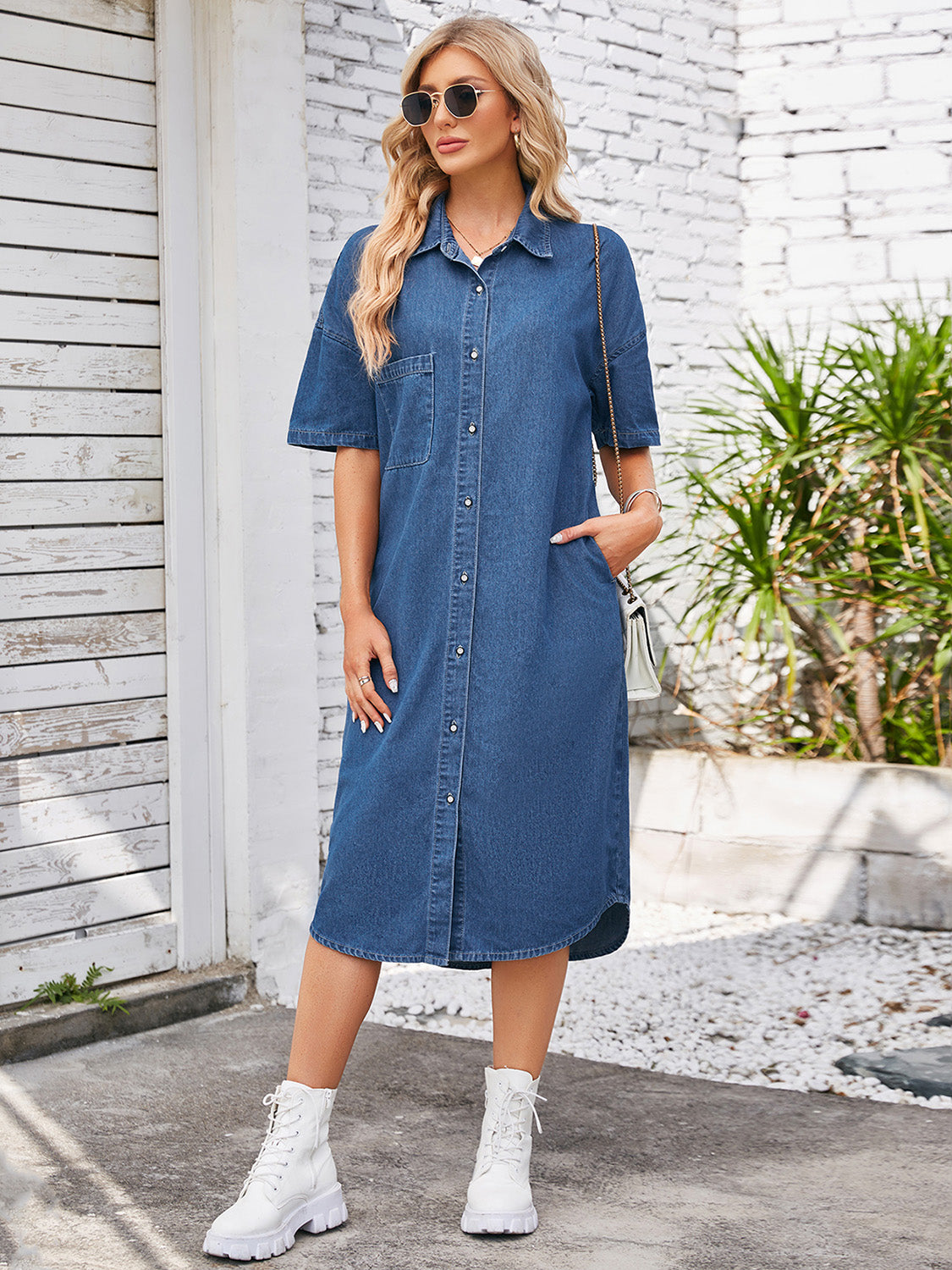 Button Down Half Sleeve Denim Dress - blue yonderz