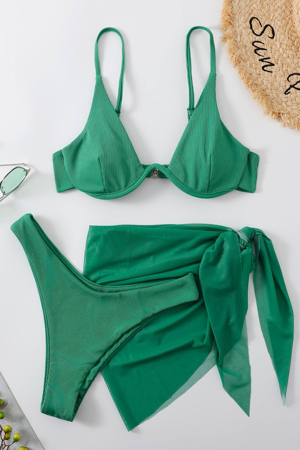 Ribbed High Cut Three-Piece Swim Set - blue yonderz
