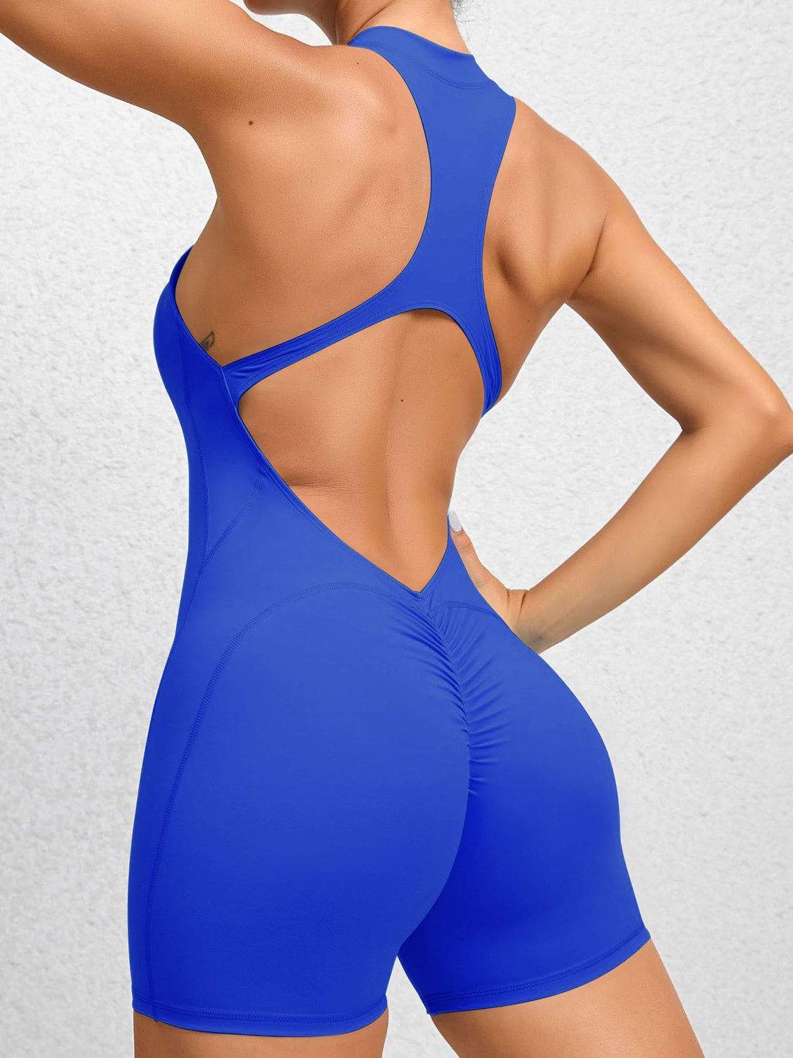 Cutout Ruched Half Zip Active Romper - bllue yonders