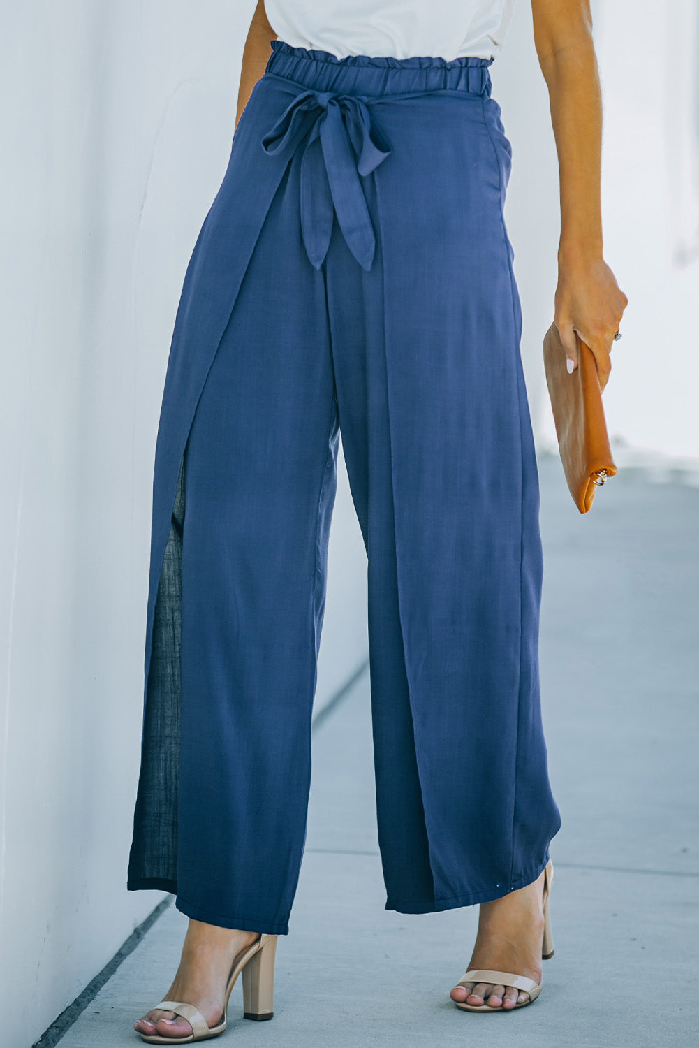 Paperbag Waist Tie Front Wide Leg Pants - blue yonderz
