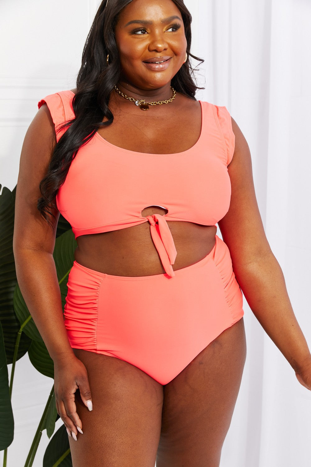 Marina West Swim Sanibel Crop Swim Top and Ruched Bottoms Set in Coral Trendsi