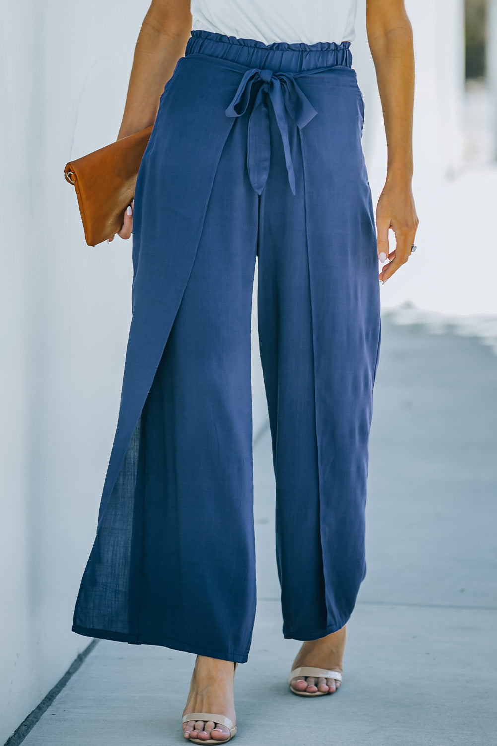 Paperbag Waist Tie Front Wide Leg Pants - blue yonderz