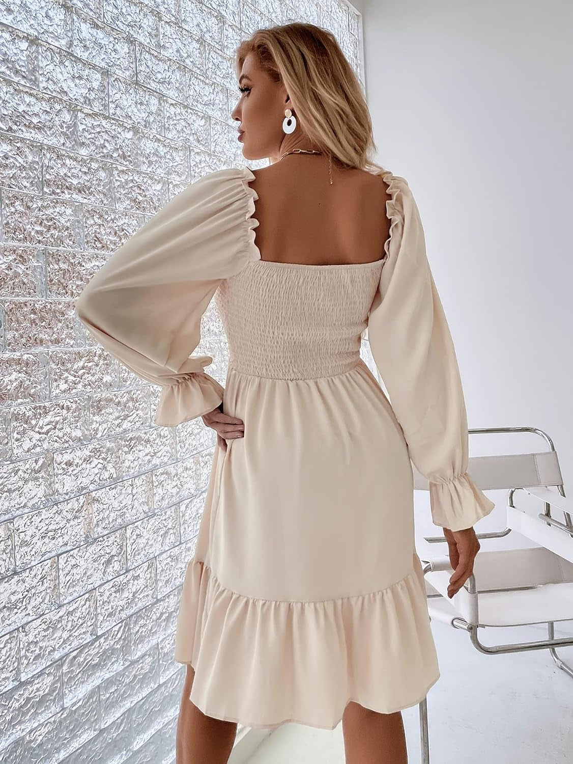 Women'S Shirred Ruffle Long Flounce Sleeve Mini a Line Dress Square Neck High Waist Short Dresses Beige Small