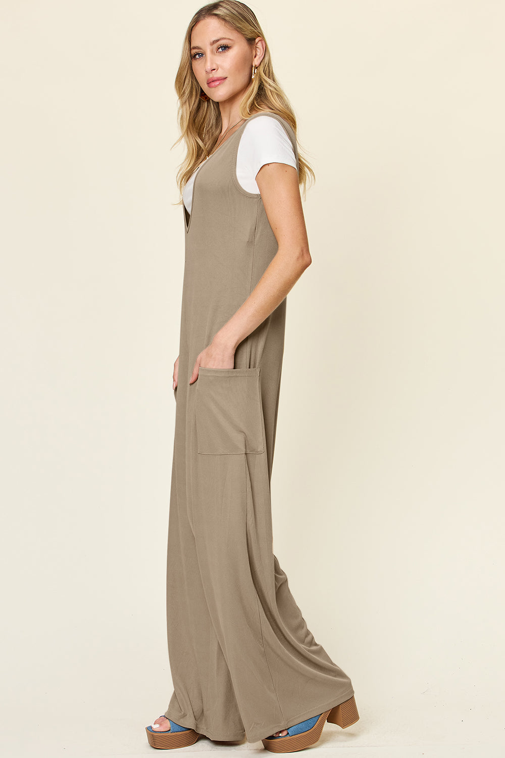 Double Take Full Size Sleeveless Wide Leg Jumpsuit with Pockets - bllue yonders