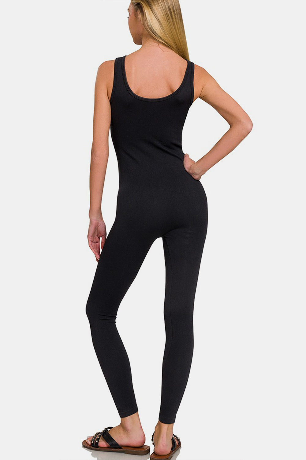 Zenana Ribbed Bra Padded Sports Seamless Jumpsuit - bllue yonders