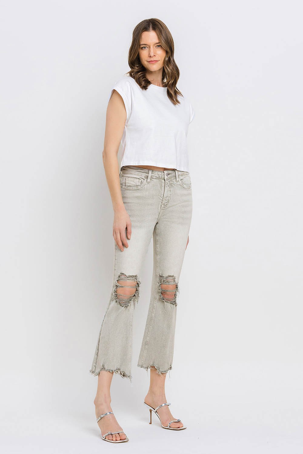 Lovervet Distressed Raw Hem Cropped Flare Jeans - blue yonderz