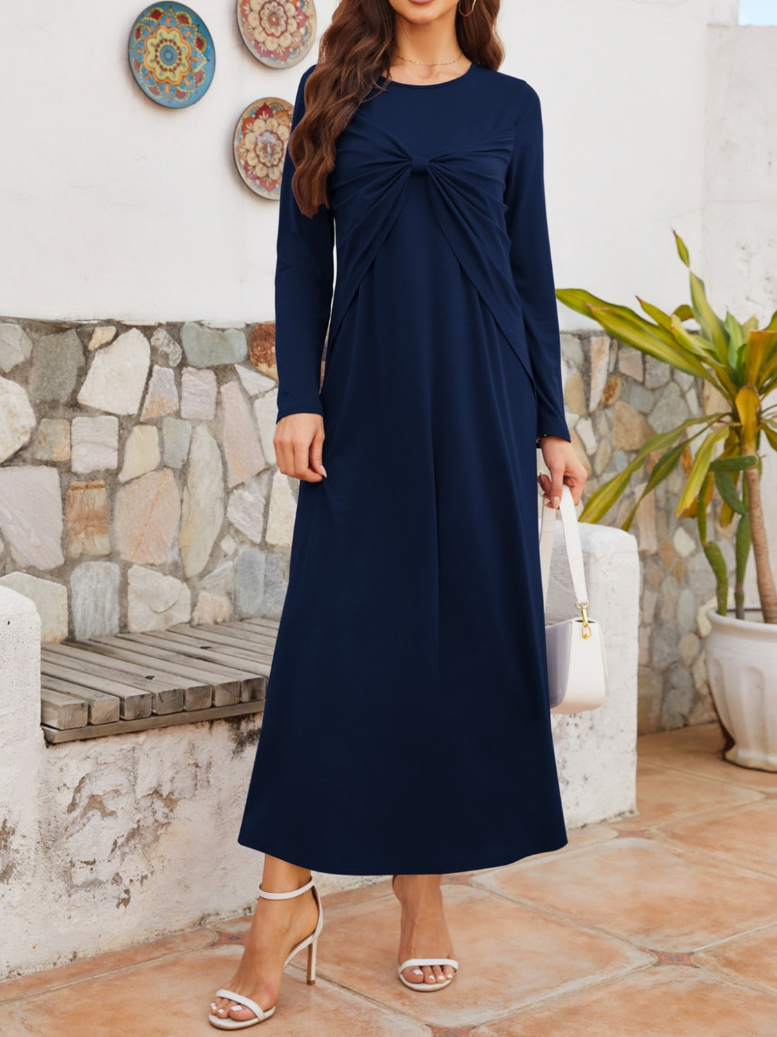 Twisted Round Neck Long Sleeve Dress - bllue yonders