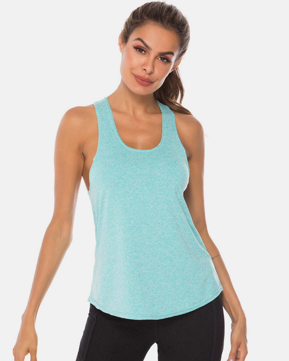 Full Size Scoop Neck Wide Strap Active Tank - bllue yonders