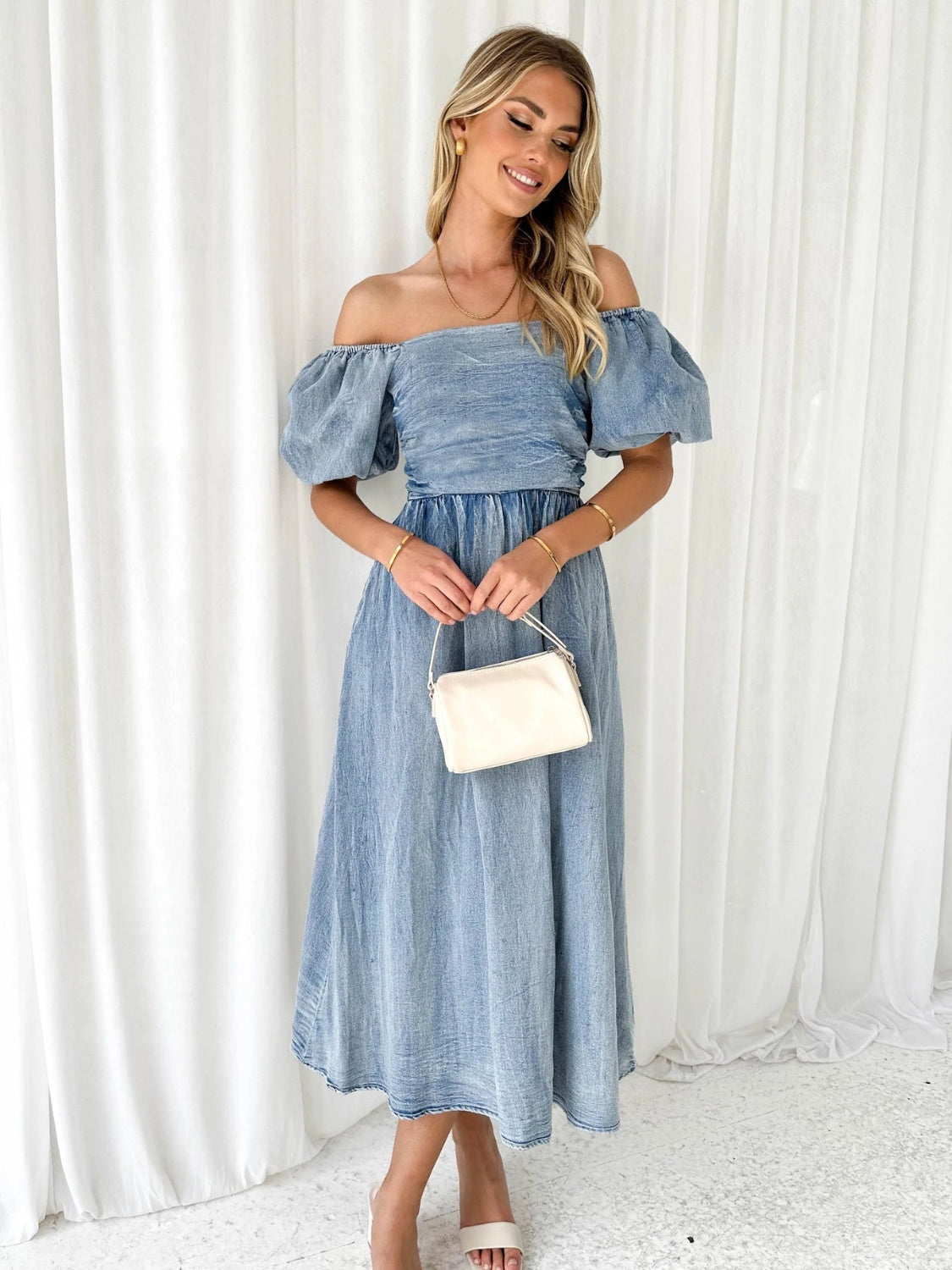 Off-Shoulder Balloon Sleeve Denim Dress - blue yonderz