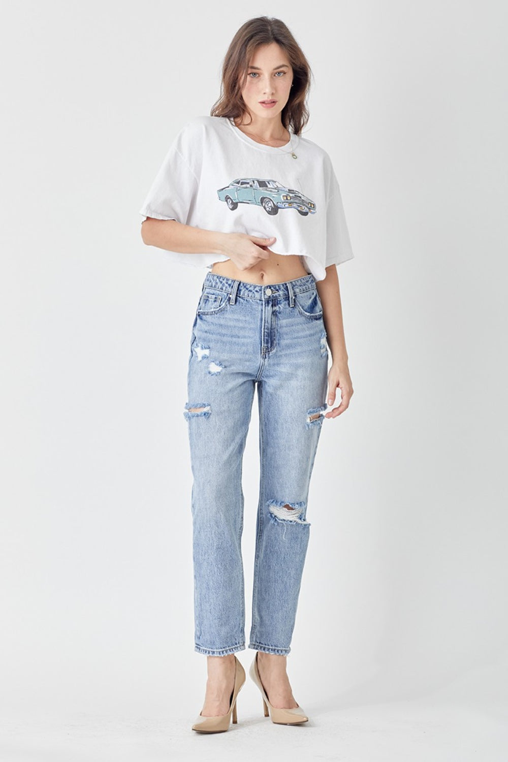 RISEN Distressed Slim Cropped Jeans - blue yonderz