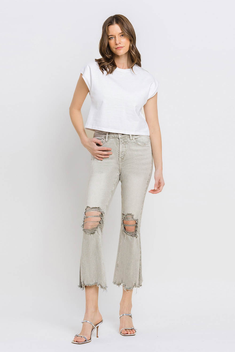 Lovervet Distressed Raw Hem Cropped Flare Jeans - blue yonderz