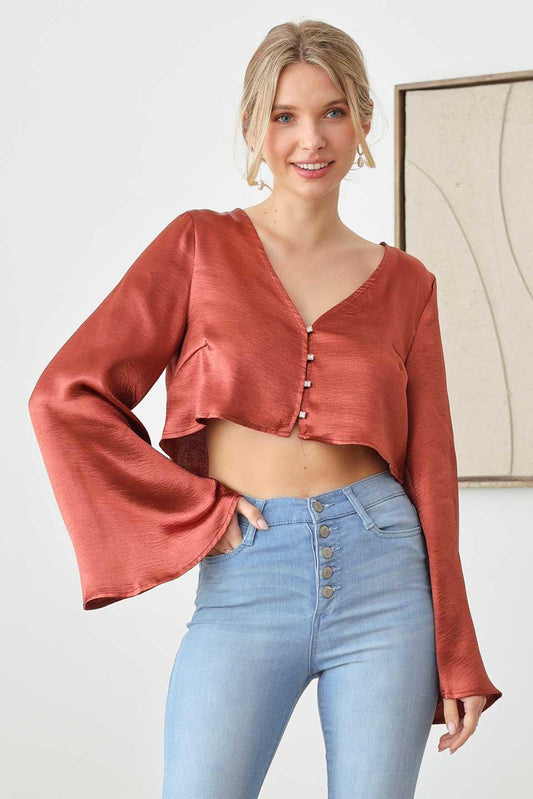 Satin Rhinestone Buttons Closure Crop Top