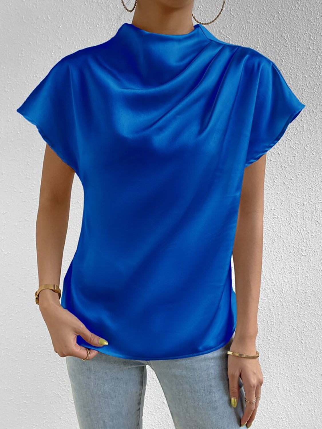 Ruched Mock Neck Short Sleeve Blouse - blue yonderz