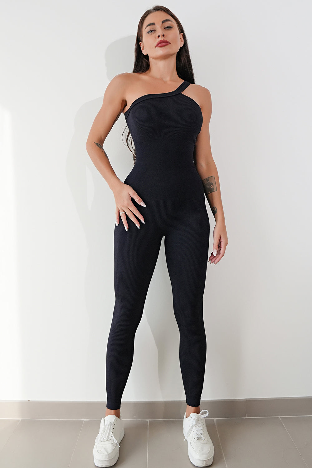 Asymmetrical Neck Wide Strap Active Jumpsuit – Sleek, Stretchy, and Stylish for Yoga, Workout, or Casual Wear