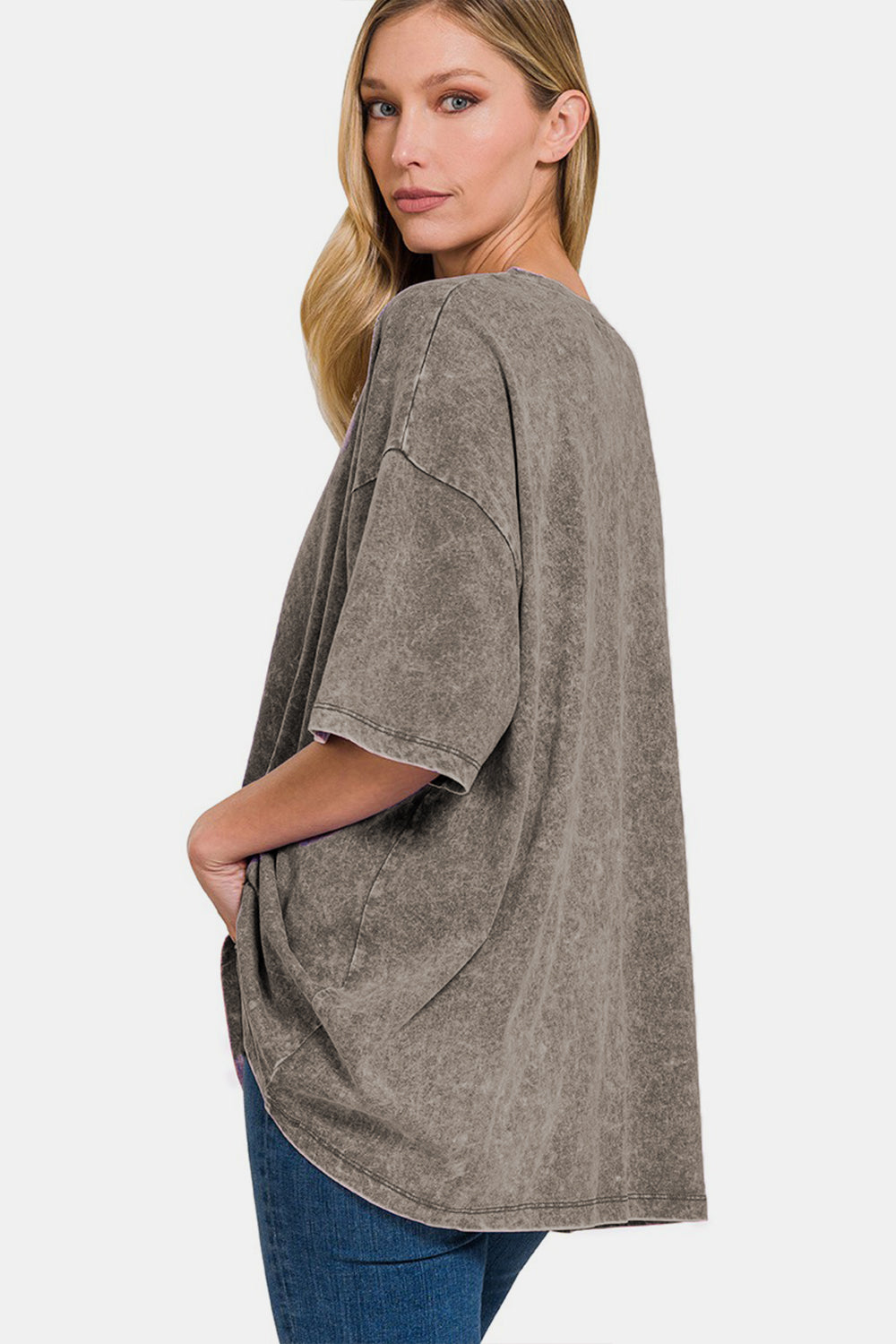 Zenana Washed Round Neck Drop Shoulder Oversized T-Shirt - bllue yonders