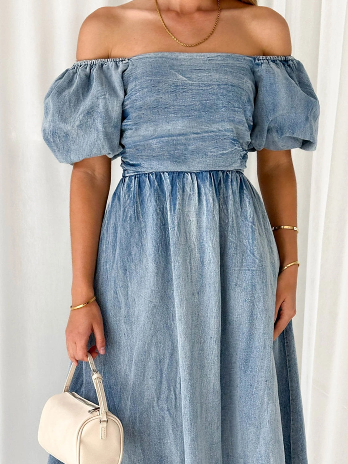 Off-Shoulder Balloon Sleeve Denim Dress - blue yonderz