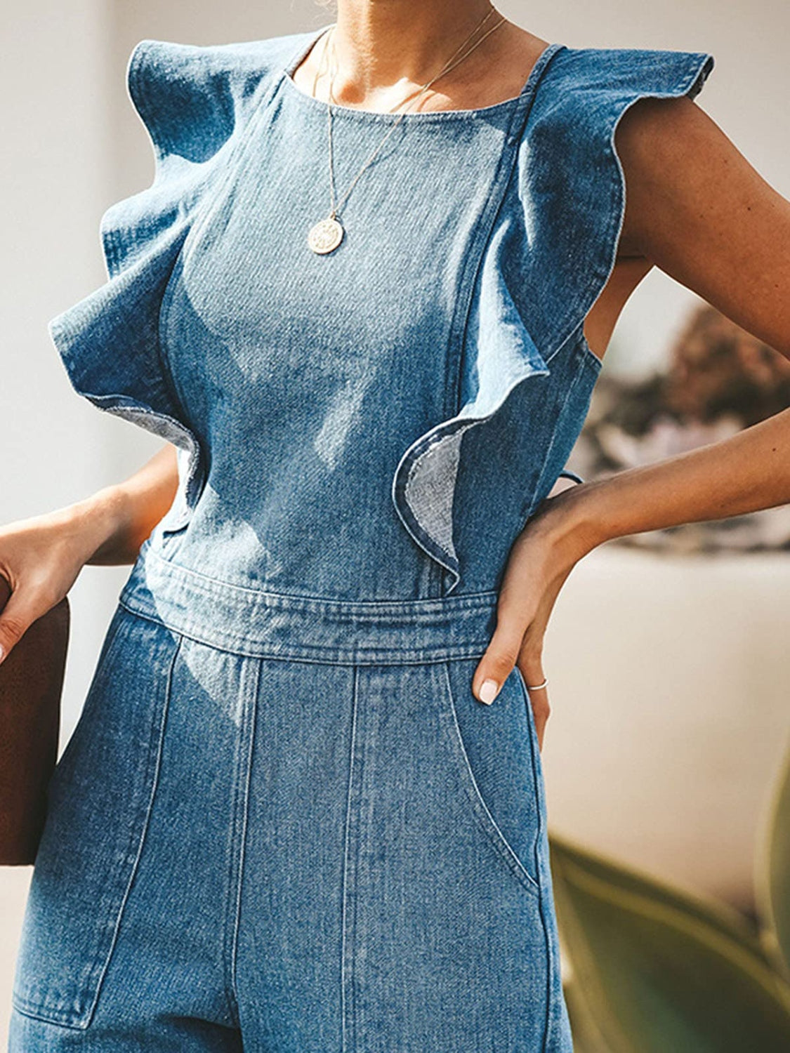 Ruffled Backless Sleeveless Denim Jumpsuit - blue yonderz