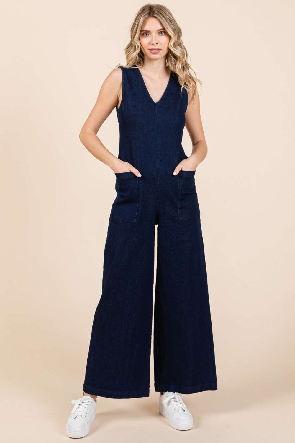 Mittoshop Sleeveless Wide Leg Denim Jumpsuit - blue yonderz