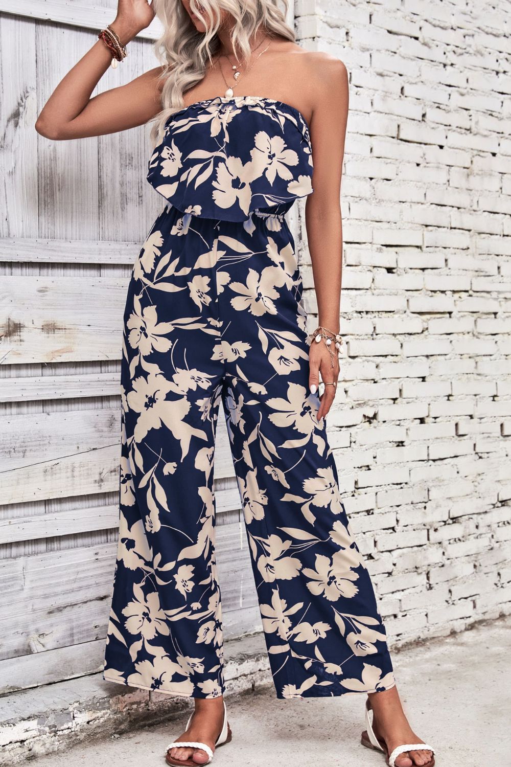 Floral Strapless Wide Leg Jumpsuit - blue yonderz