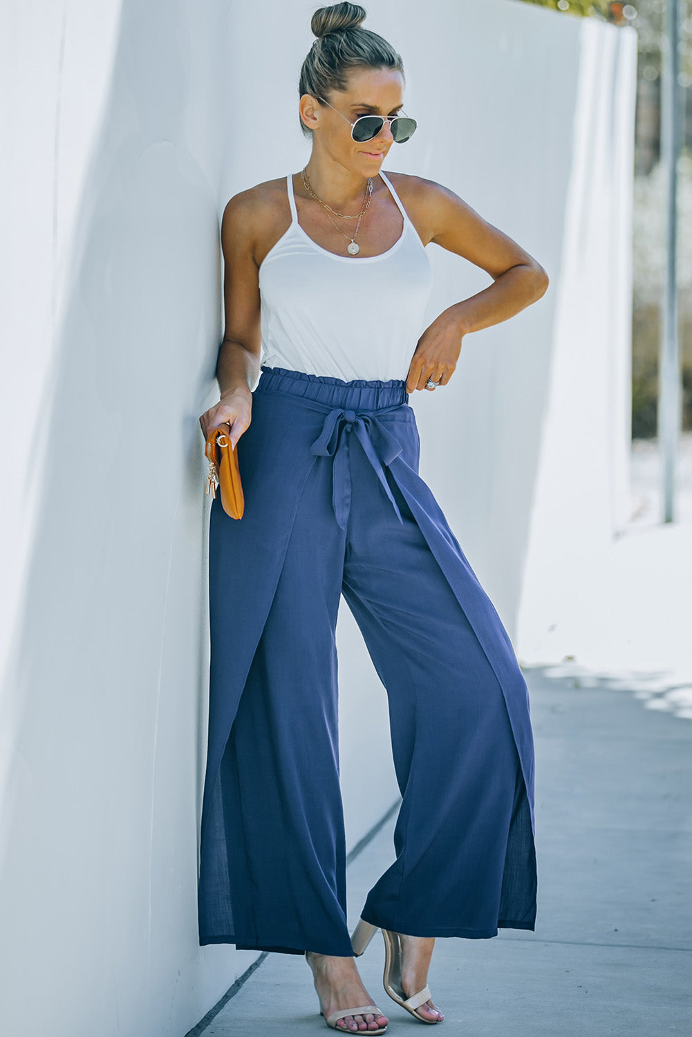 Paperbag Waist Tie Front Wide Leg Pants - blue yonderz