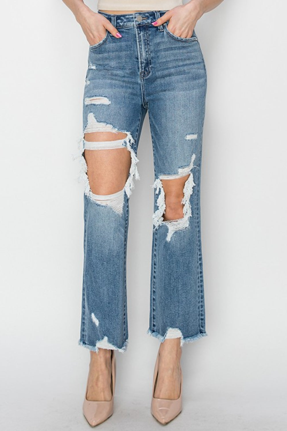 RISEN High Rise Distressed Crop Straight Jeans - blue yonderz