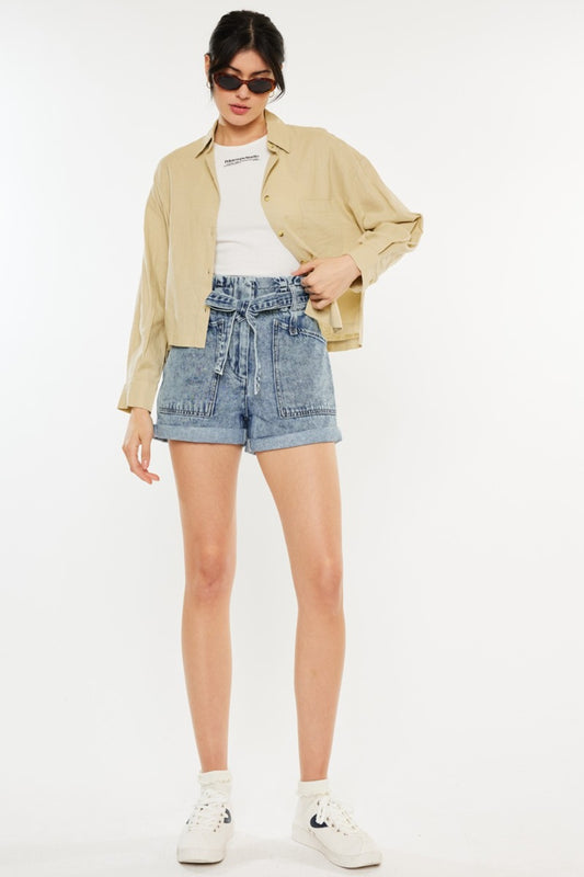 Kancan Ultra High Rise Paperbag Denim Shorts - blue yonderz