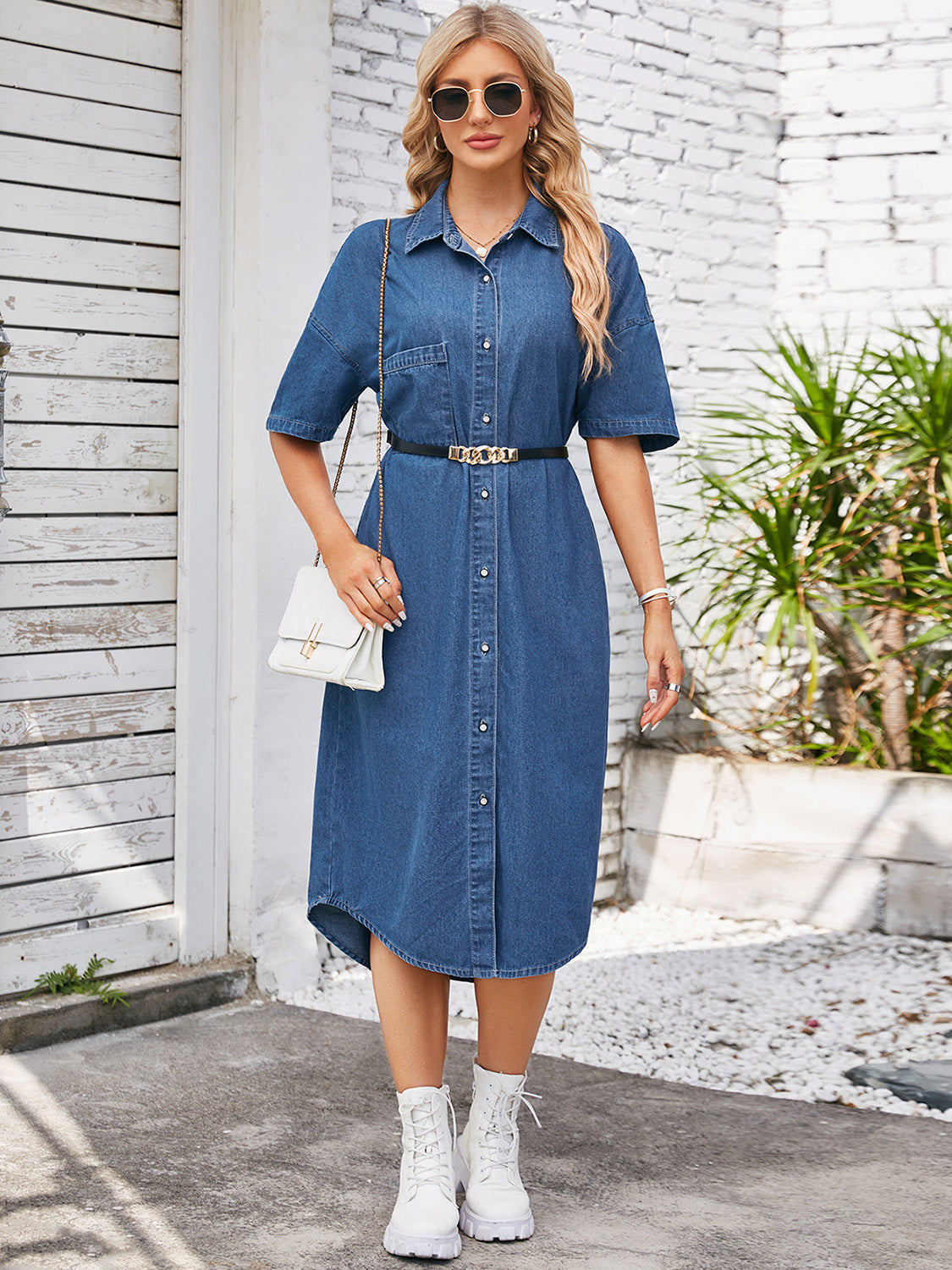 Button Down Half Sleeve Denim Dress - blue yonderz