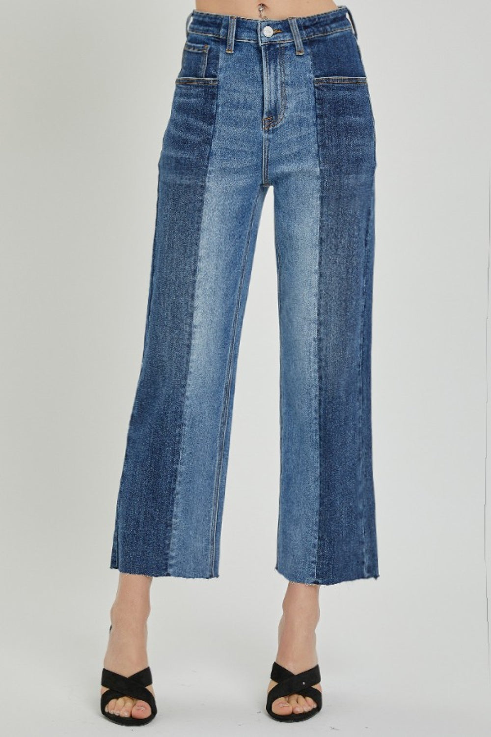 RISEN Full Size Mid-Rise Waist Two-Tones Jeans with Pockets - blue yonderz