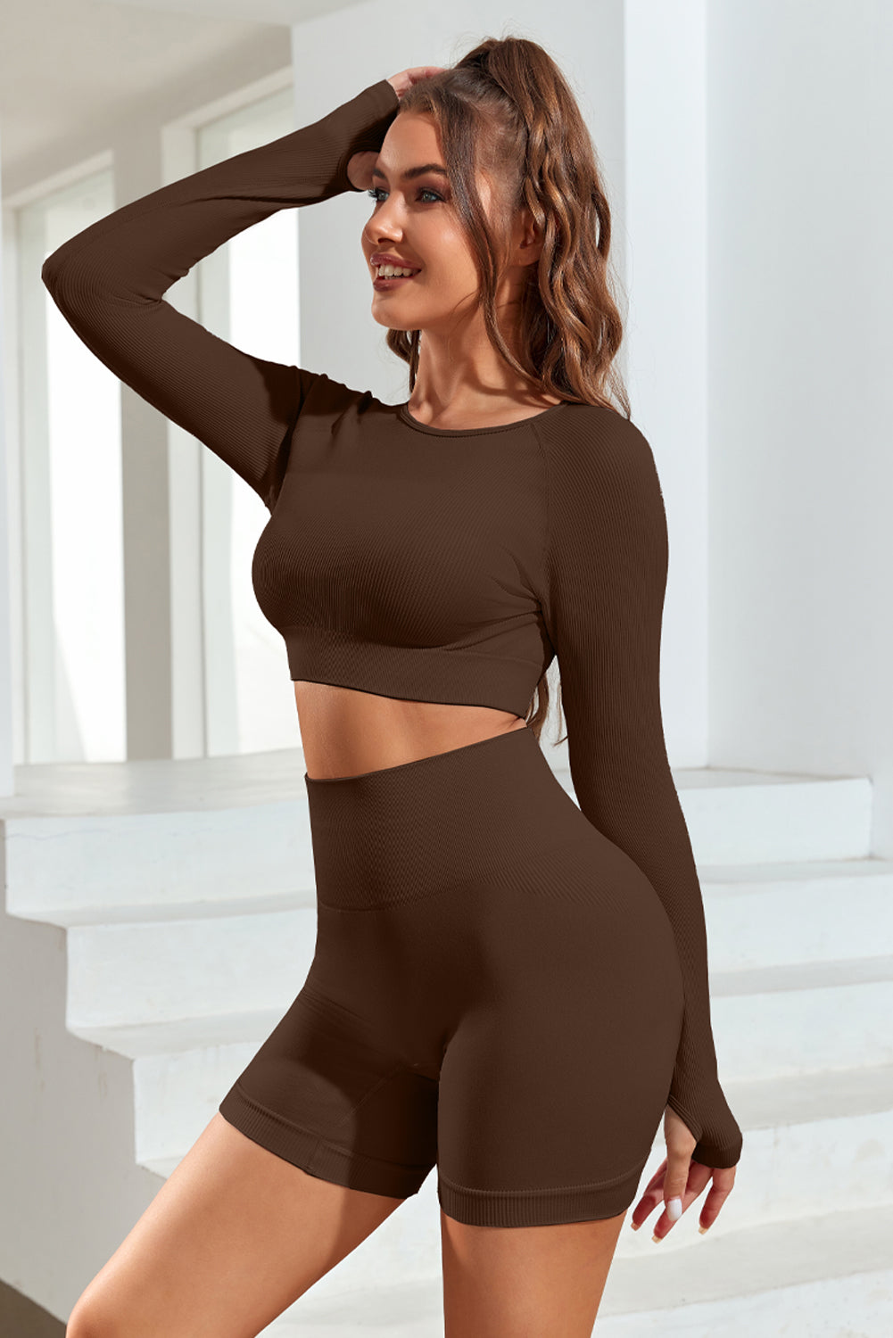 Seamless Long Sleeve Crop Top and High Waist Biker Shorts Set – Perfect for Yoga, Workout, and Activewear