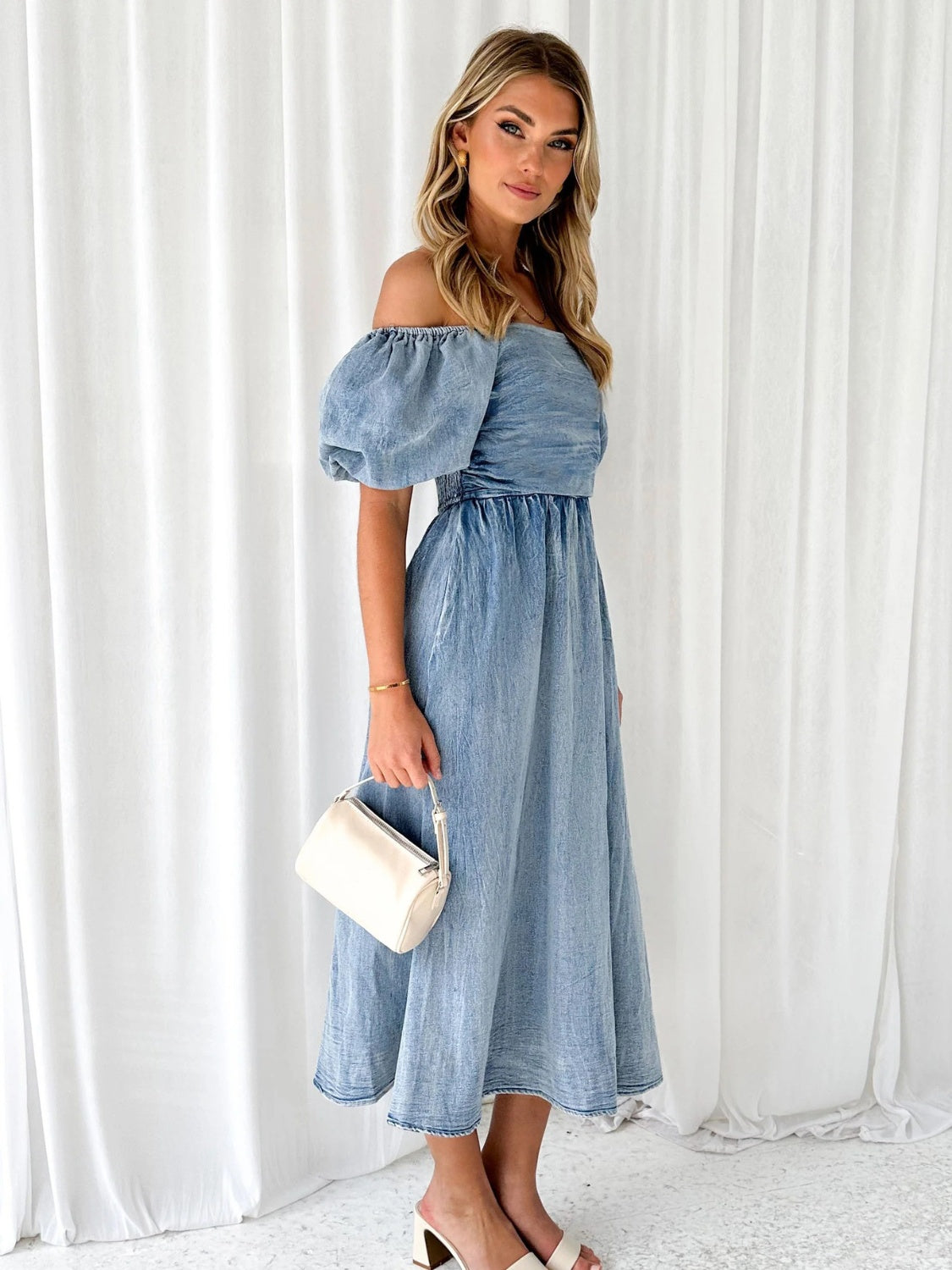 Off-Shoulder Balloon Sleeve Denim Dress - blue yonderz