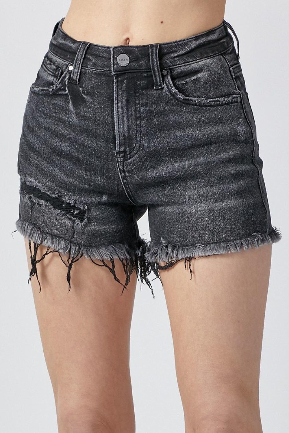 RISEN Raw Hem Denim Shorts with Pockets - bllue yonders