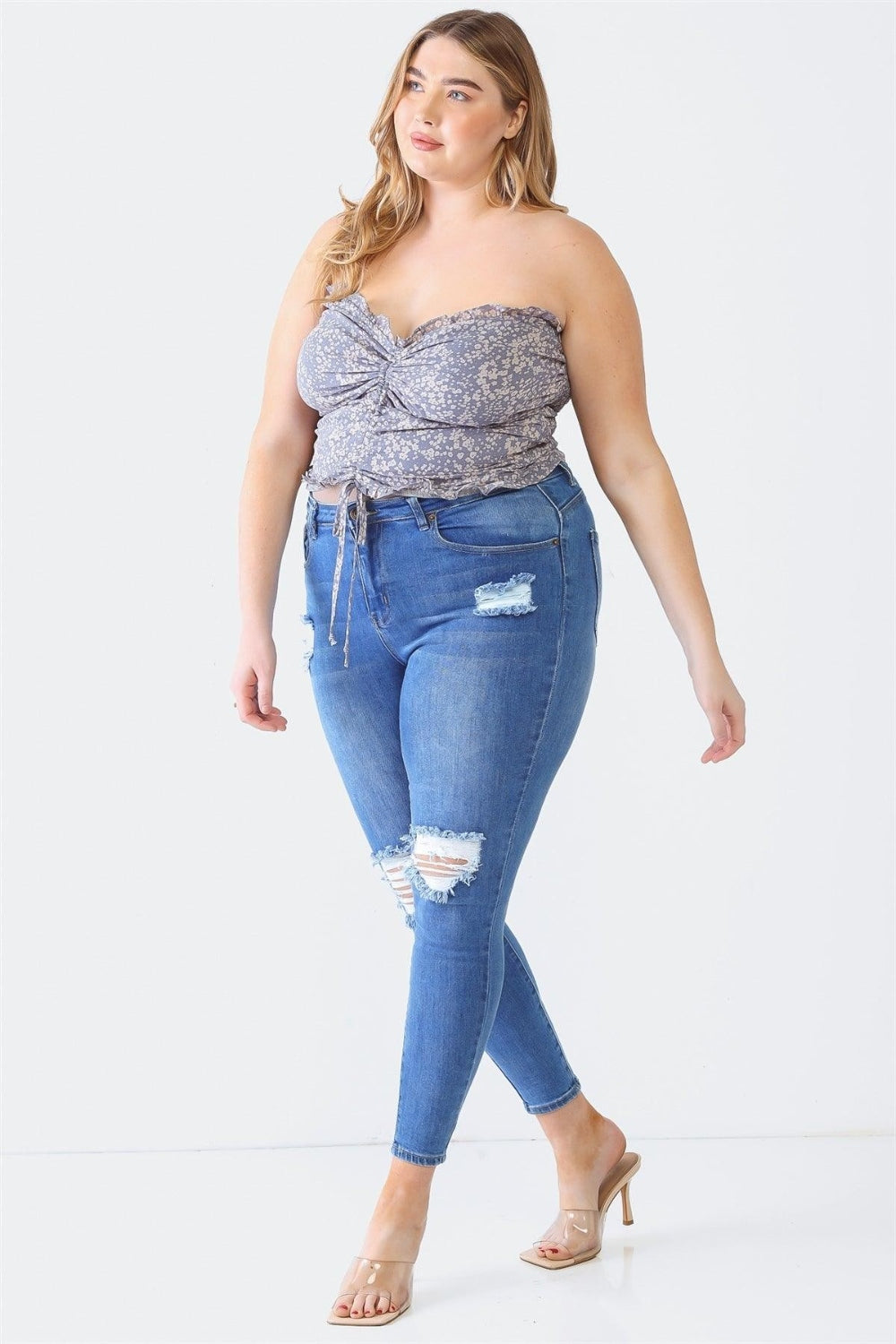 Zenobia Plus Size Drawstring Smocked Floral Tube Top - bllue yonders