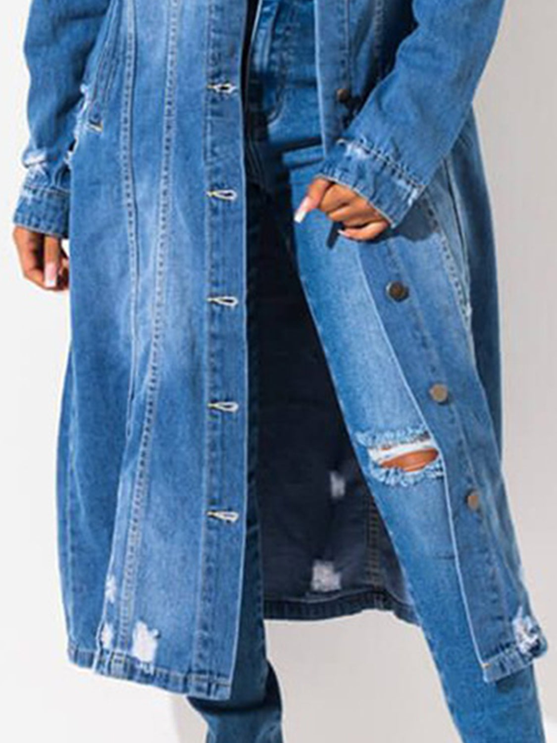 Long Sleeve Raw Hem Denim Jacket - blue yonderz