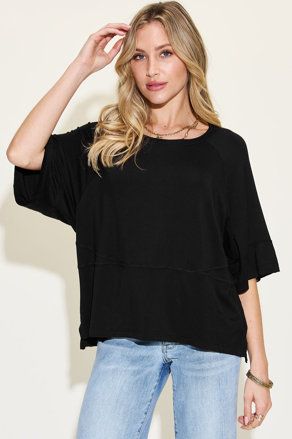 Basic Bae Full Size Bamboo Round Neck Exposed Seam T-Shirt Trendsi