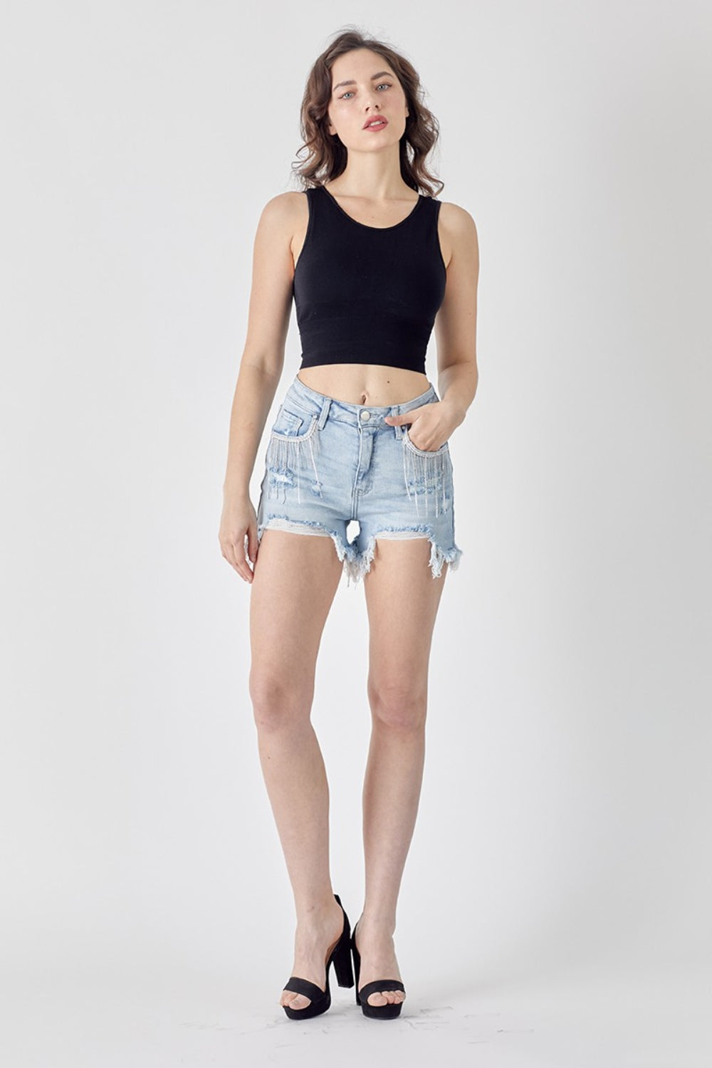 RISEN Frayed Hem Denim Shorts with Fringe Detail Pockets - blue yonderz