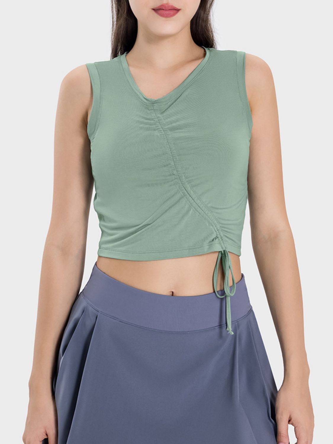 Drawstring Ruched Wide Strap Active Tank - bllue yonders