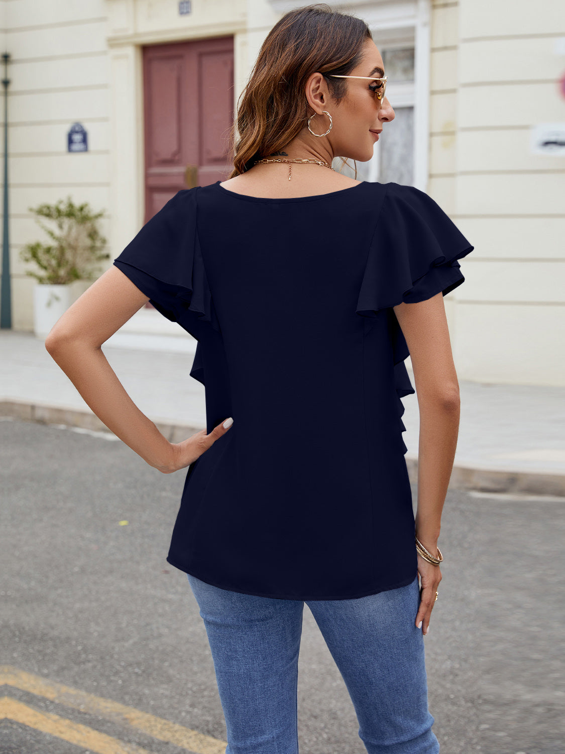 Ruffled V-Neck Short Sleeve Top - blue yonderz