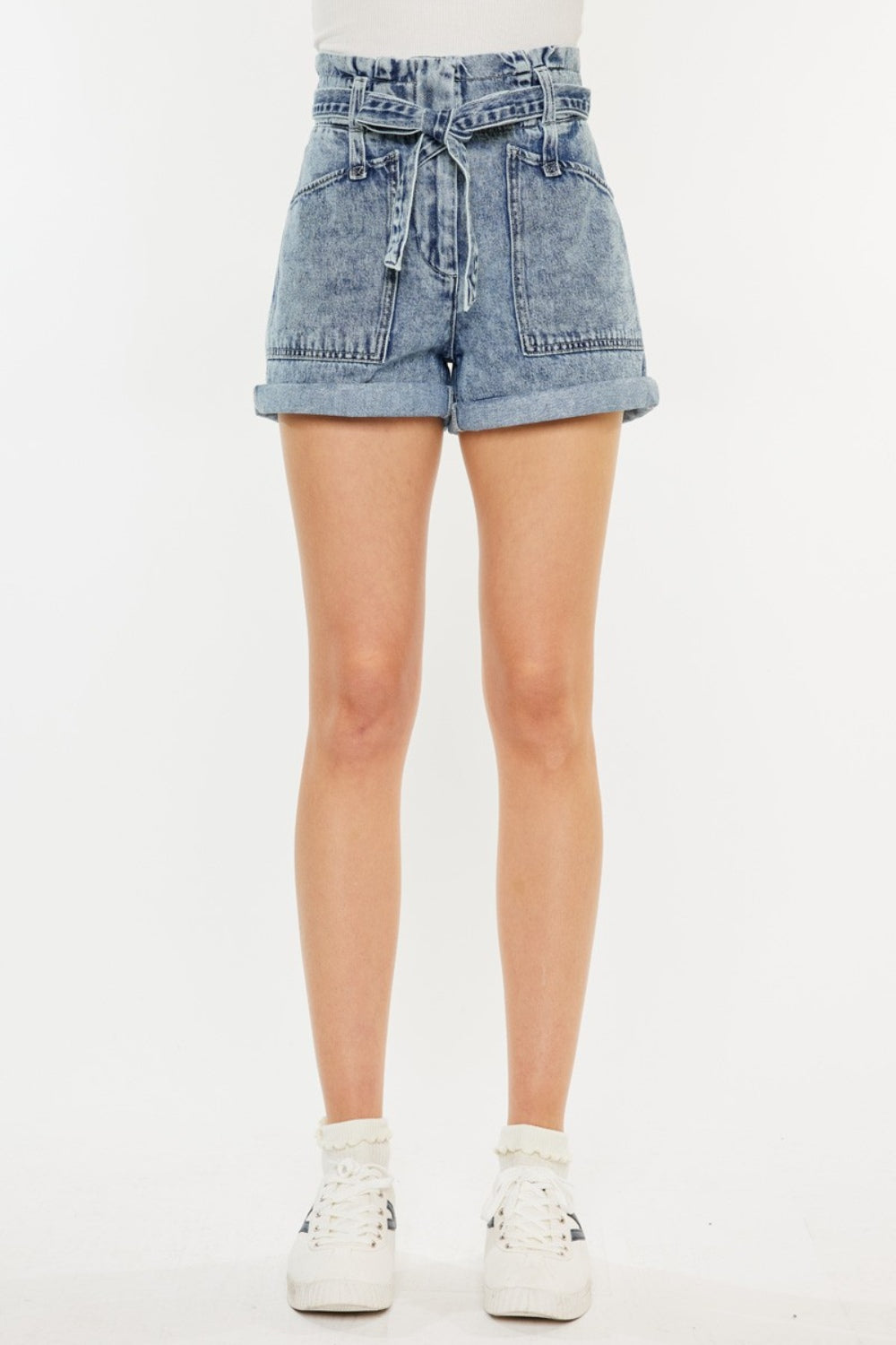 Kancan Ultra High Rise Paperbag Denim Shorts - blue yonderz